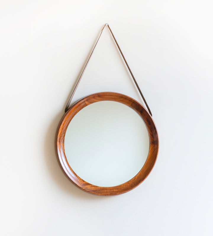 Round Teak Wooden Mirror With Leather Cord, Danish Design, 1960s