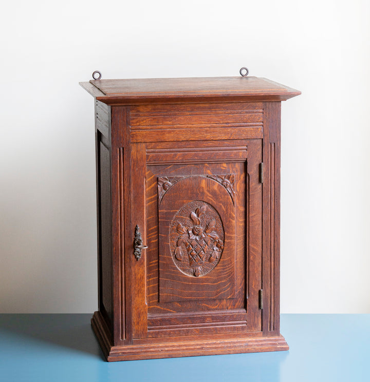 Antique Hand Carved Apothecary Cabinet With Lock, Oak Wood