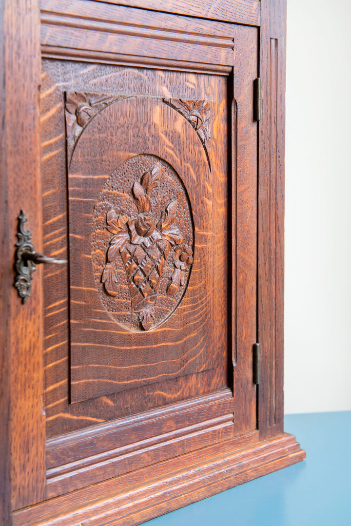 Antique Hand Carved Apothecary Cabinet With Lock, Oak Wood