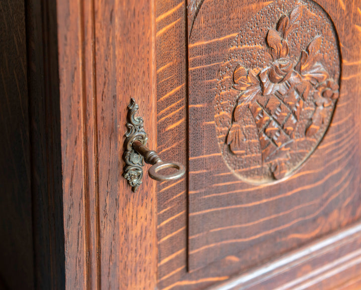 Antique Hand Carved Apothecary Cabinet With Lock, Oak Wood