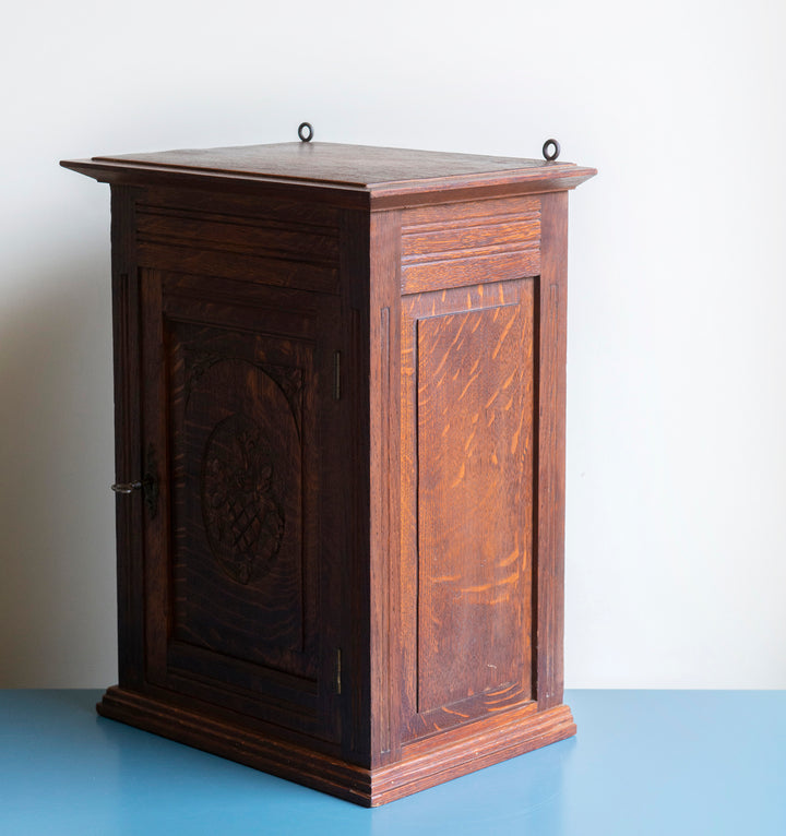 Antique Hand Carved Apothecary Cabinet With Lock, Oak Wood