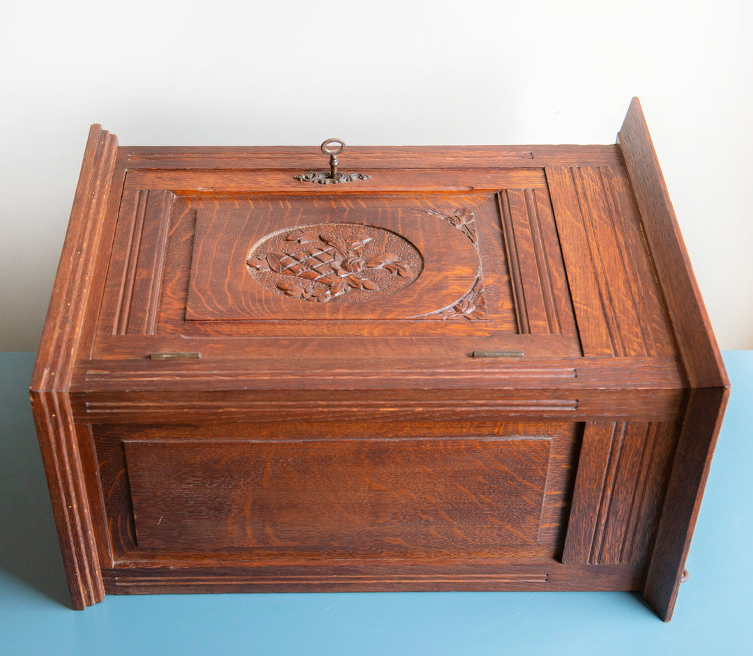 Antique Hand Carved Apothecary Cabinet With Lock, Oak Wood