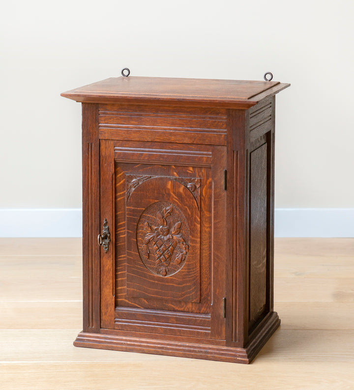 Antique Hand Carved Apothecary Cabinet With Lock, Oak Wood