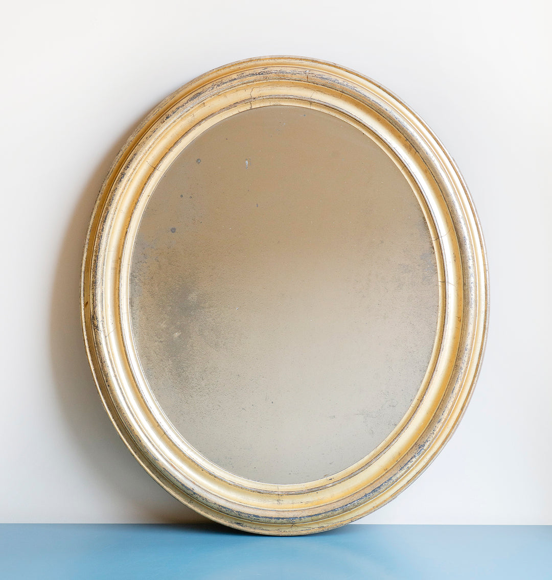 Large Oval French Mirror With Mercury Glass, 19th Century