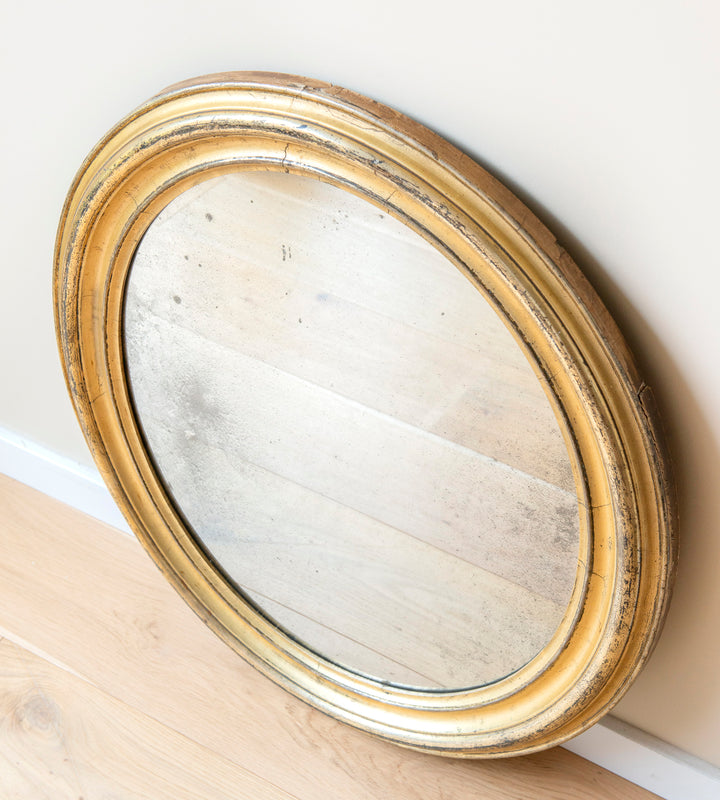 Large Oval French Mirror With Mercury Glass, 19th Century