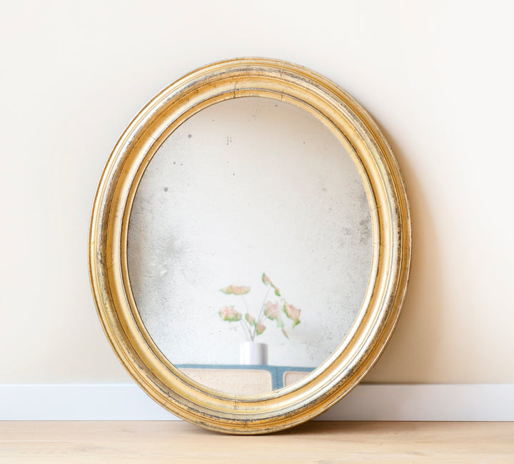 Large Oval French Mirror With Mercury Glass, 19th Century