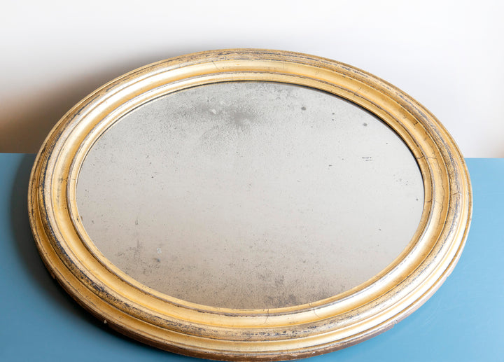 Large Oval French Mirror With Mercury Glass, 19th Century