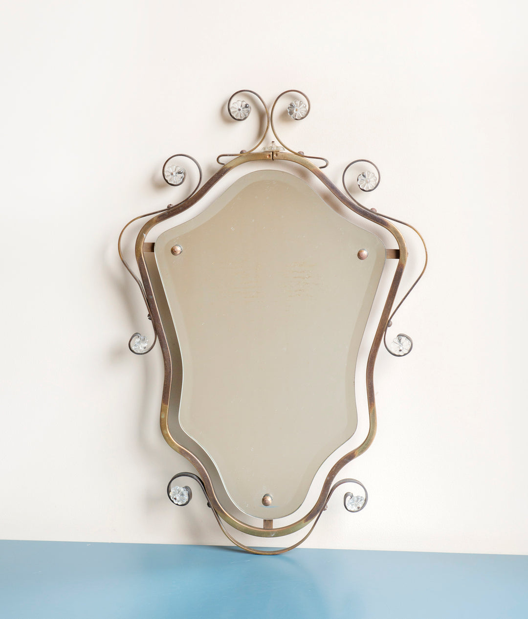 Curved Brass Wall Mirror, Art Nouveau Style, 1950s