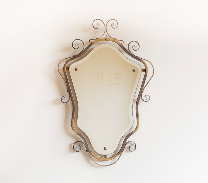 Curved Brass Wall Mirror, Art Nouveau Style, 1950s