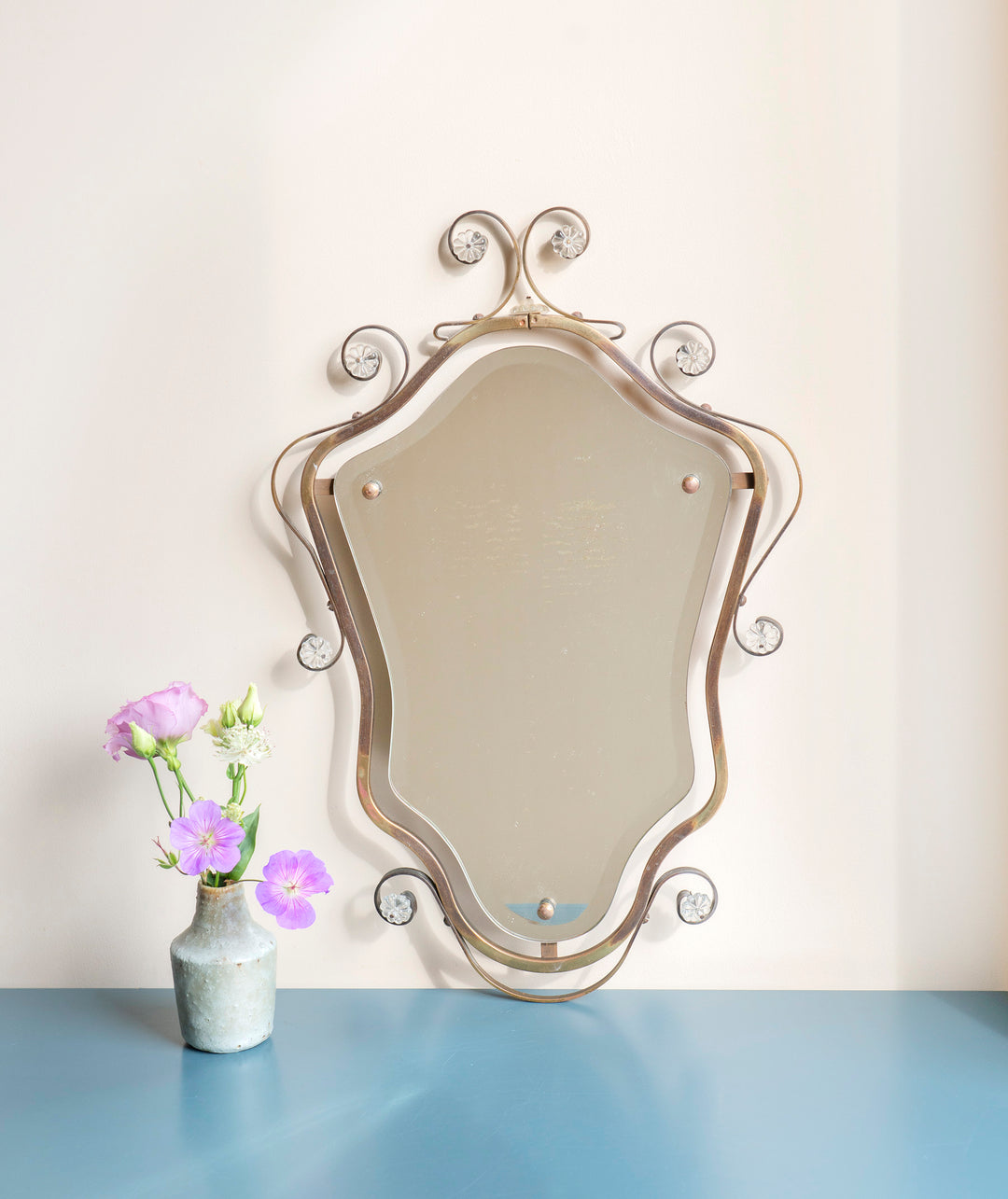 Curved Brass Wall Mirror, Art Nouveau Style, 1950s