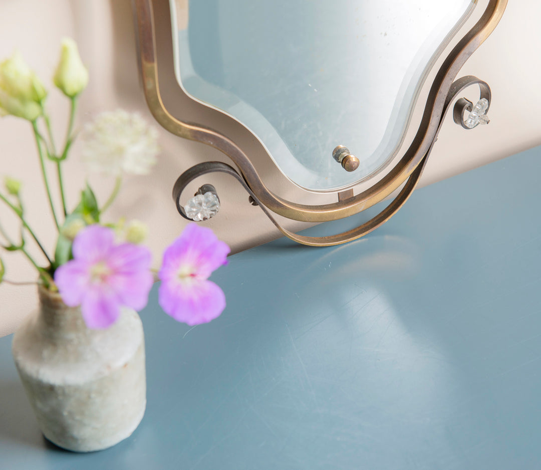 Curved Brass Wall Mirror, Art Nouveau Style, 1950s