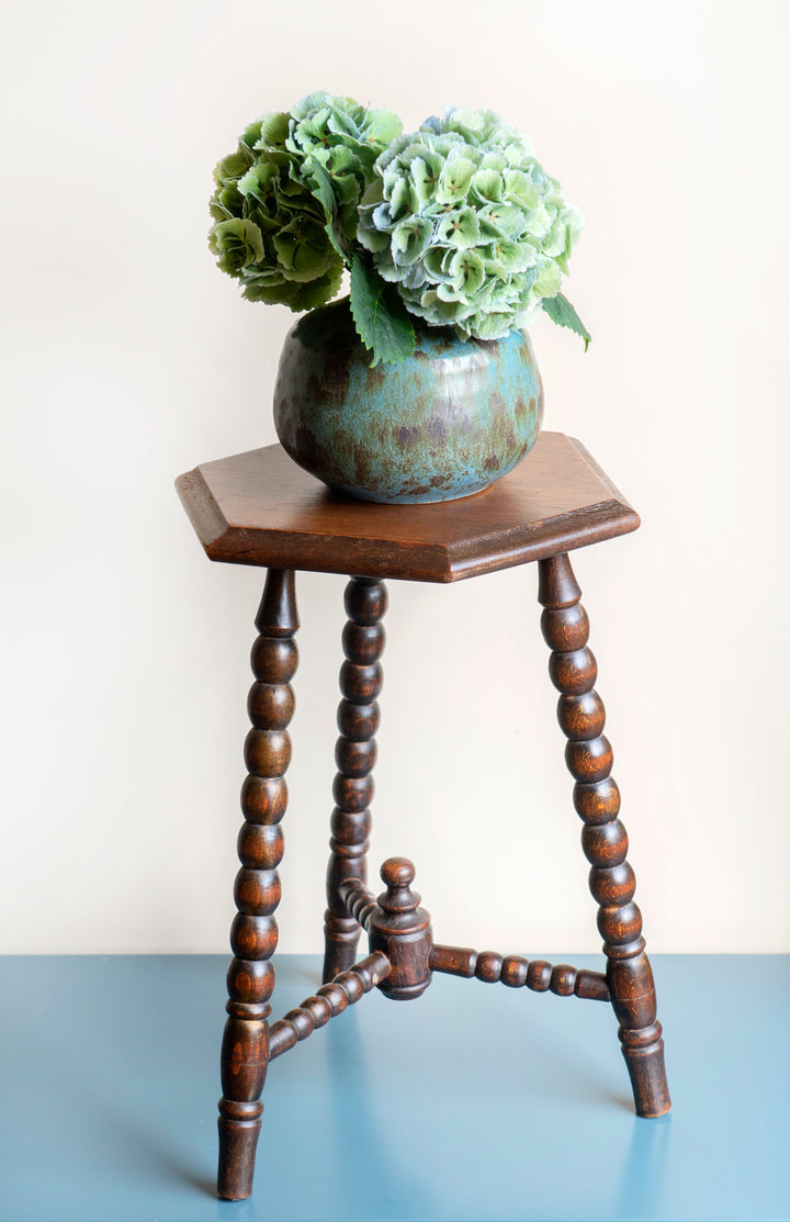 Antique Dark Brown Stool With Bobbin Legs, Oak Wood