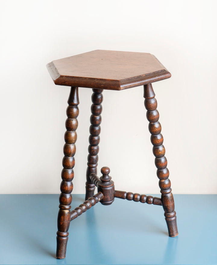 Antique Dark Brown Stool With Bobbin Legs, Oak Wood