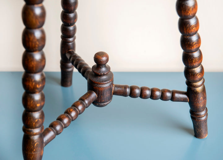 Antique Dark Brown Stool With Bobbin Legs, Oak Wood