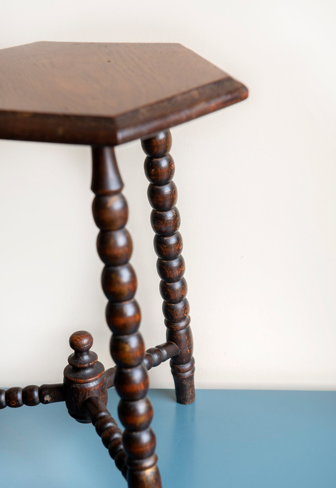 Antique Dark Brown Stool With Bobbin Legs, Oak Wood