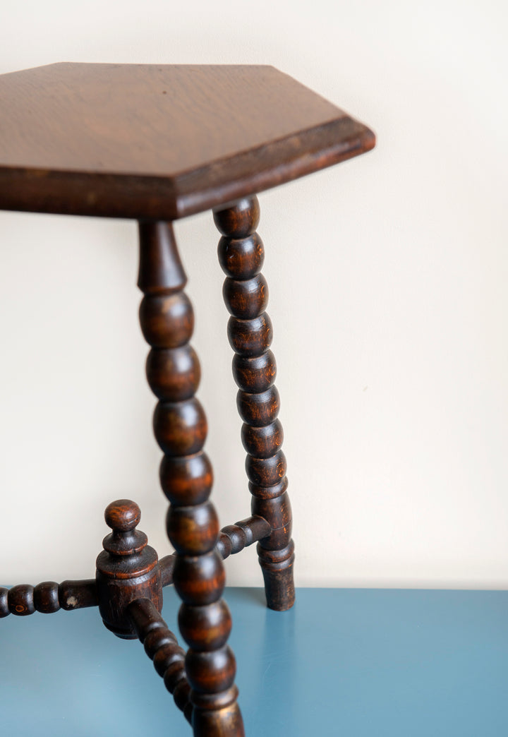 Antique Dark Brown Stool With Bobbin Legs, Oak Wood