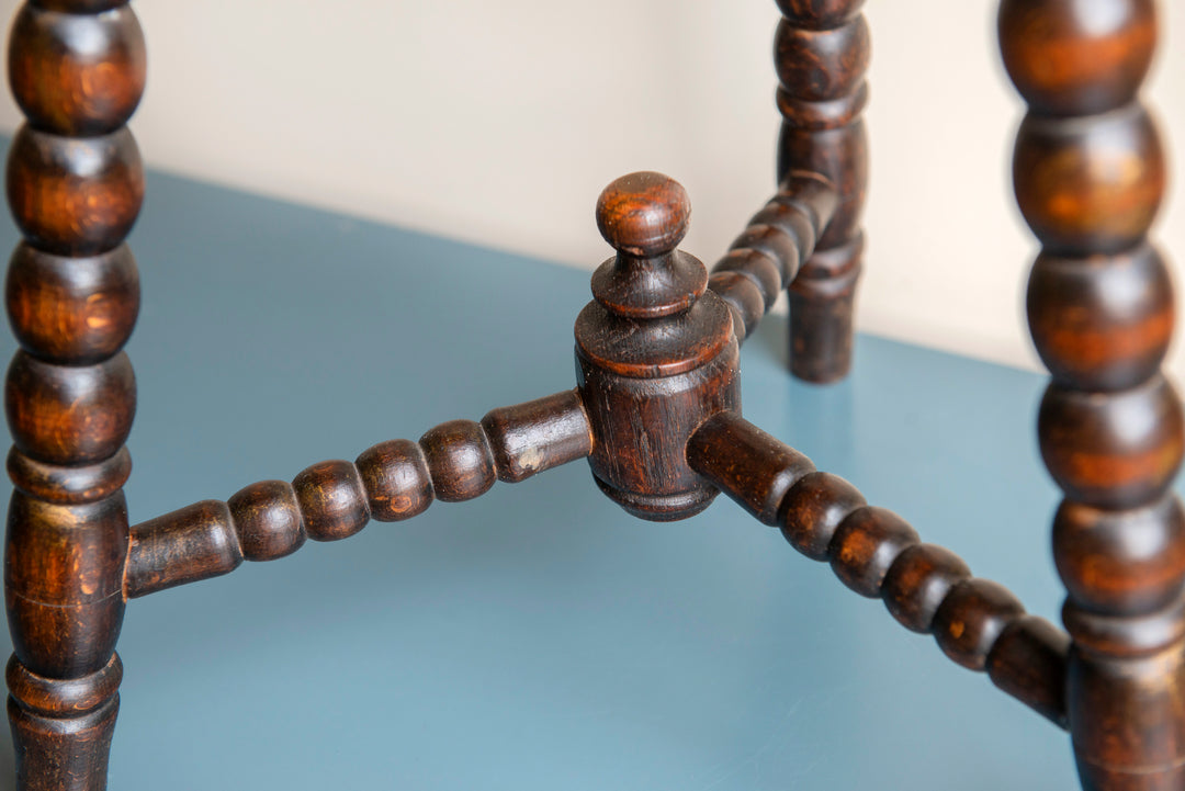 Antique Dark Brown Stool With Bobbin Legs, Oak Wood