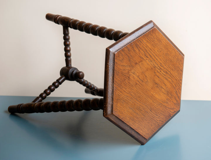 Antique Dark Brown Stool With Bobbin Legs, Oak Wood