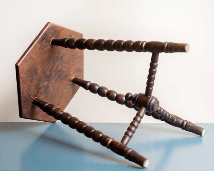 Antique Dark Brown Stool With Bobbin Legs, Oak Wood