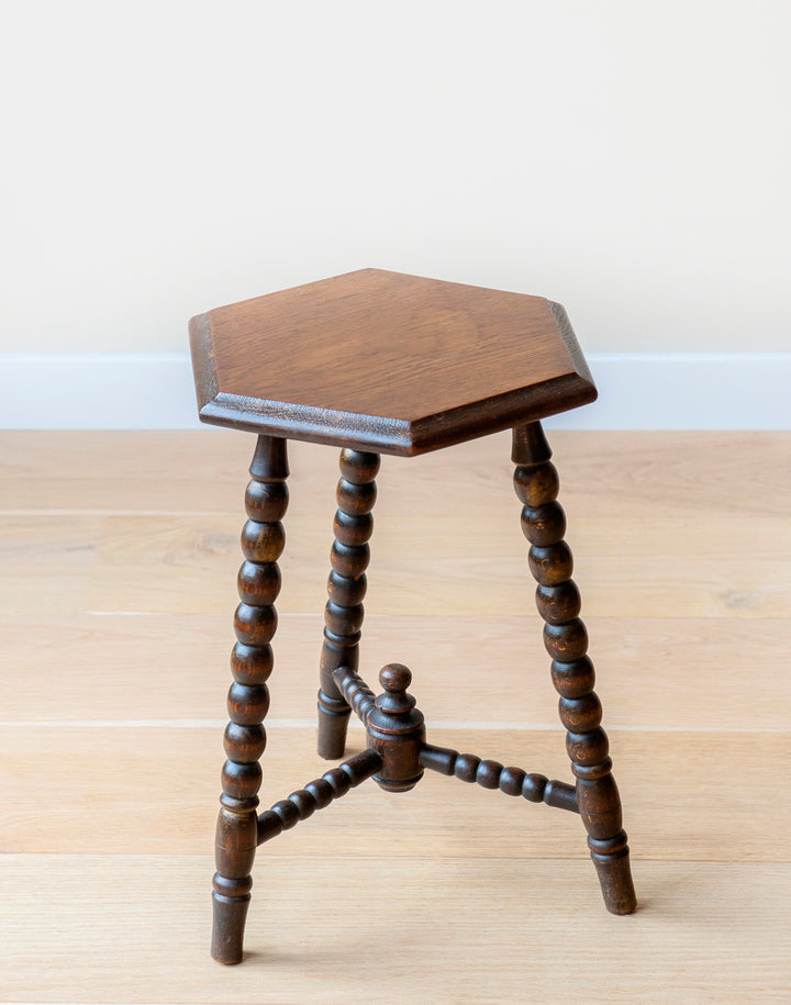 Antique Dark Brown Stool With Bobbin Legs, Oak Wood