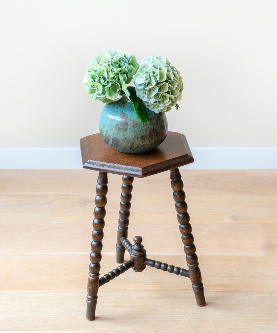 Antique Dark Brown Stool With Bobbin Legs, Oak Wood