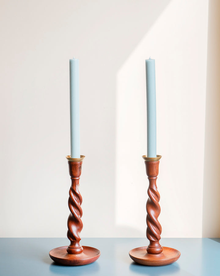 Two Antique Barley Twist Candle Holders, Mahogany Wood, 1920s