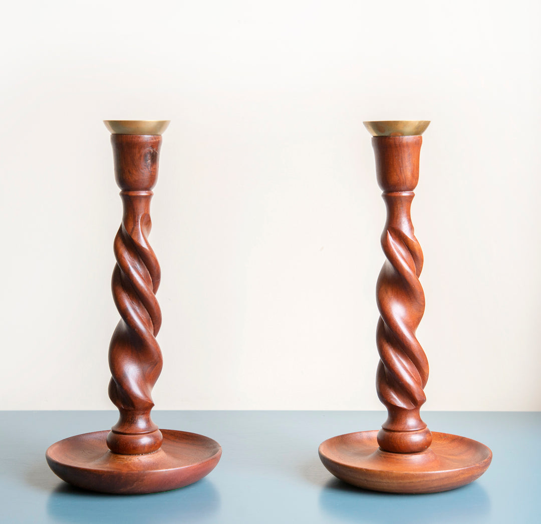 Two Antique Barley Twist Candle Holders, Mahogany Wood, 1920s