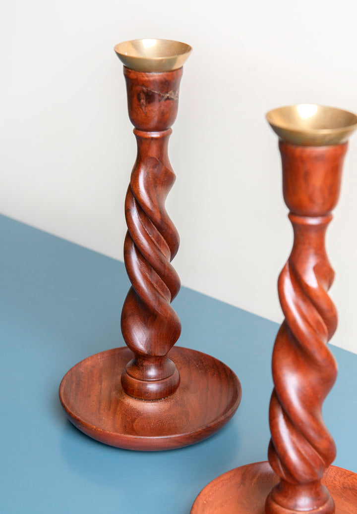 Two Antique Barley Twist Candle Holders, Mahogany Wood, 1920s