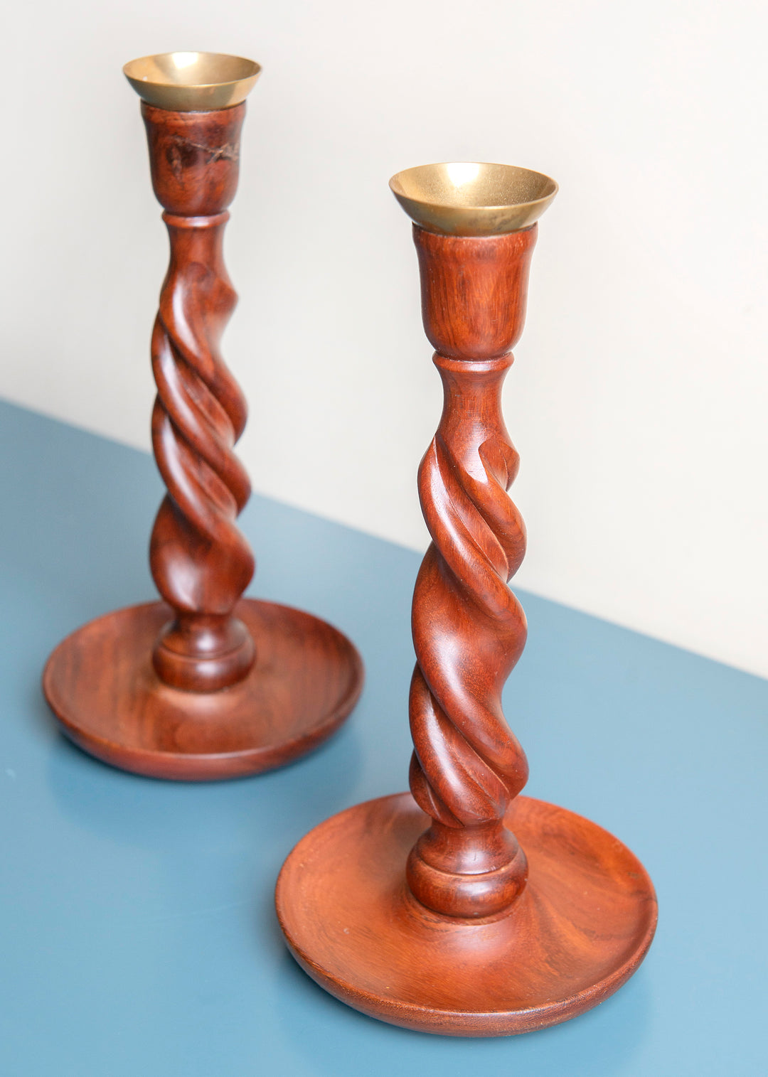 Two Antique Barley Twist Candle Holders, Mahogany Wood, 1920s