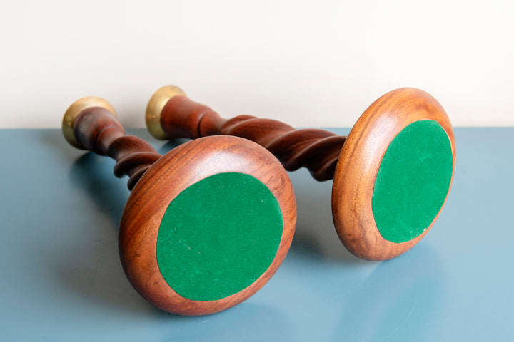 Two Antique Barley Twist Candle Holders, Mahogany Wood, 1920s