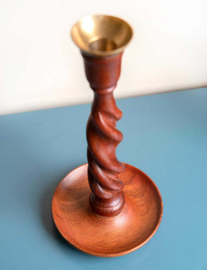 Two Antique Barley Twist Candle Holders, Mahogany Wood, 1920s