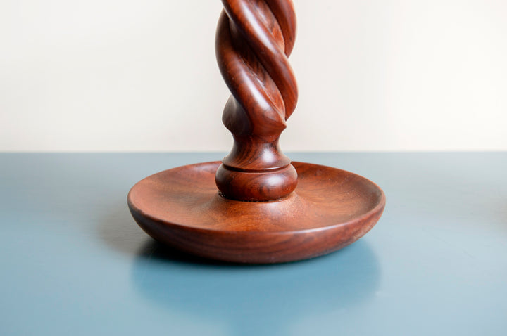 Two Antique Barley Twist Candle Holders, Mahogany Wood, 1920s