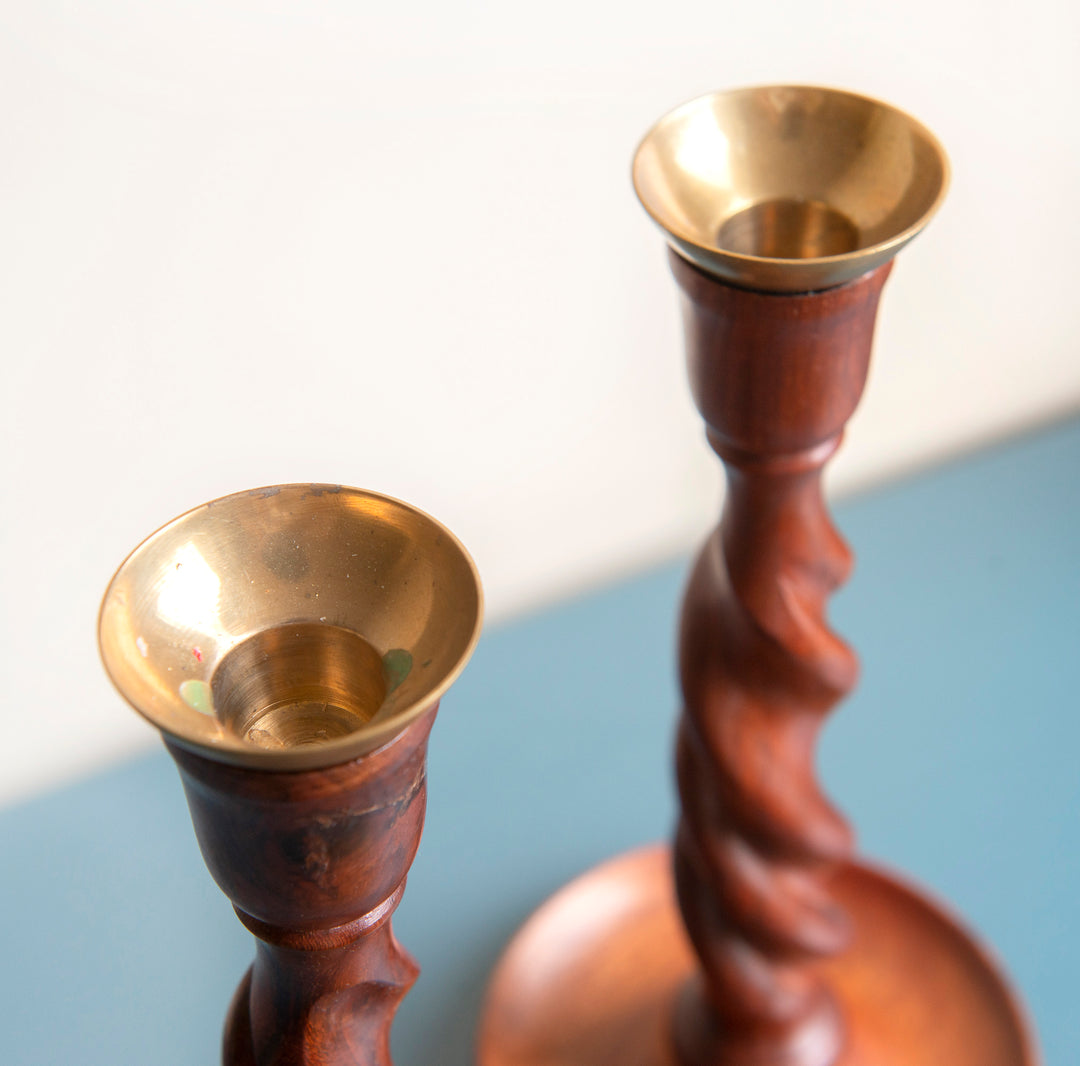 Two Antique Barley Twist Candle Holders, Mahogany Wood, 1920s