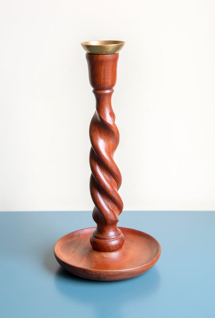 Two Antique Barley Twist Candle Holders, Mahogany Wood, 1920s