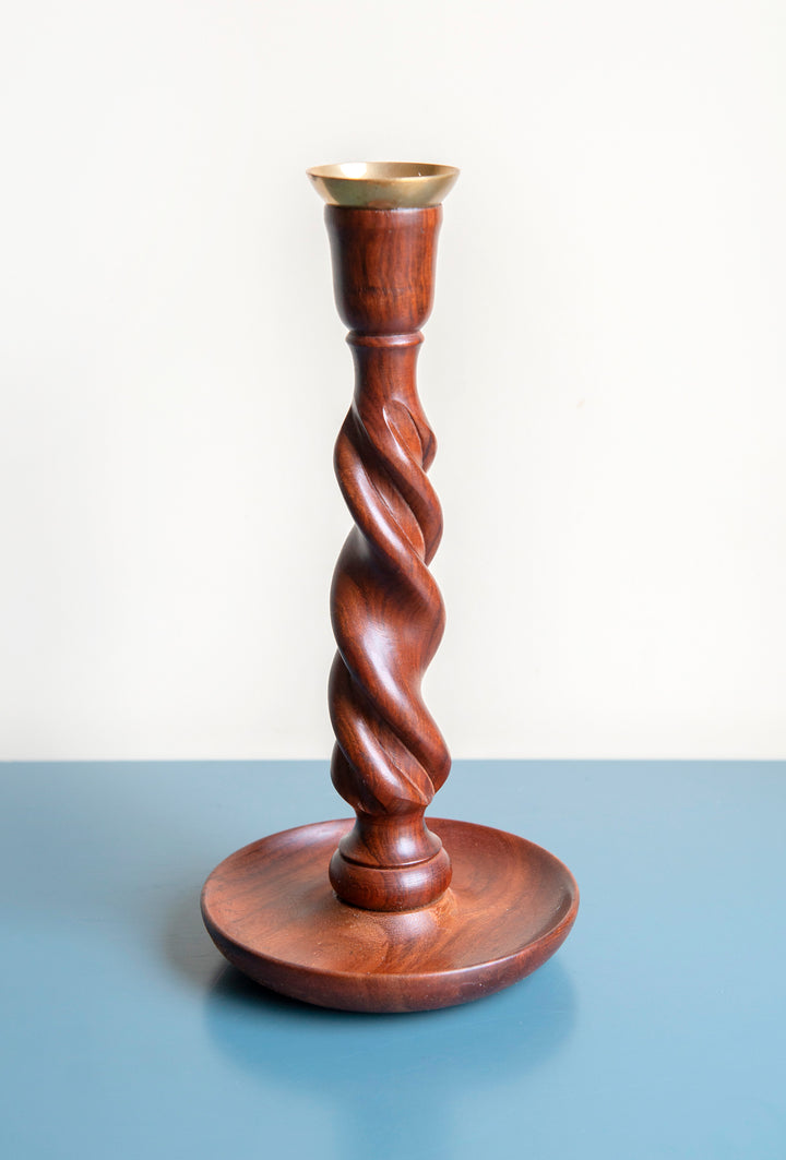 Two Antique Barley Twist Candle Holders, Mahogany Wood, 1920s