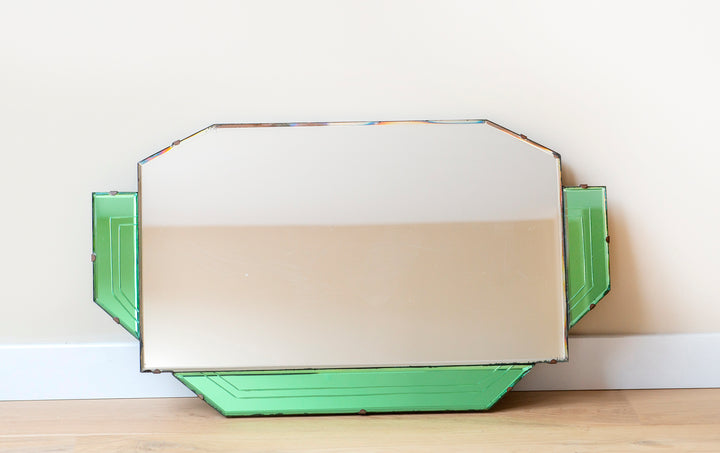 Art Deco Wall Mirror With Geometric Green Panels, 1920s