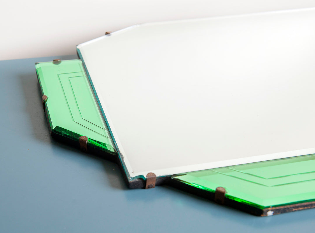 Art Deco Wall Mirror With Geometric Green Panels, 1920s