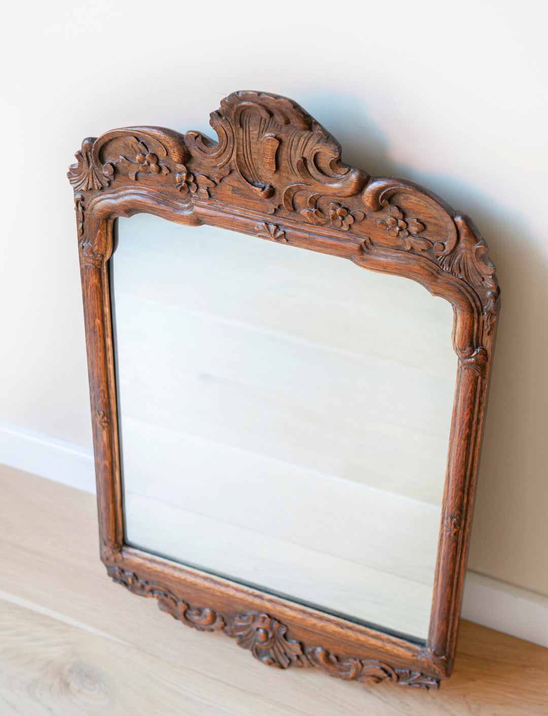 Antique Hand Carved Oak Wooden Mirror, Art Nouveau Style