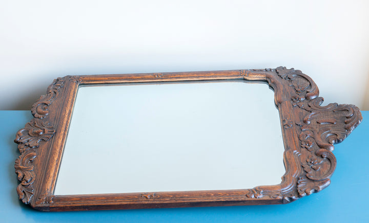 Antique Hand Carved Oak Wooden Mirror, Art Nouveau Style