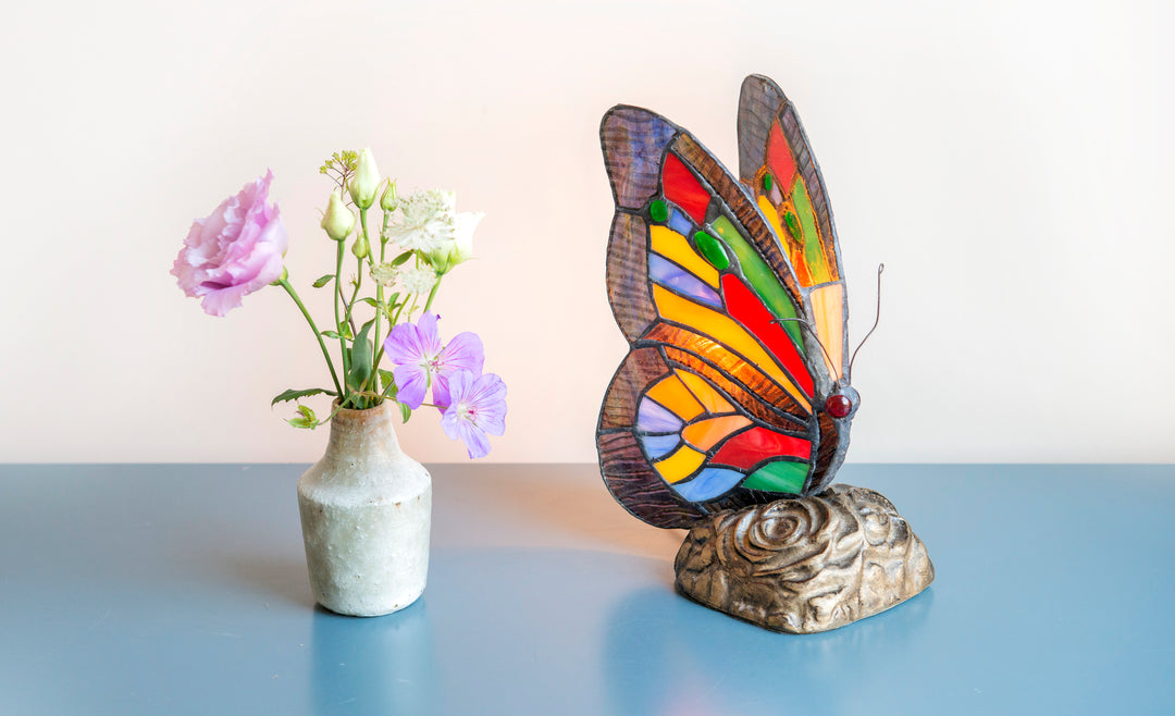 Vintage Butterfly Table Lamp, Stained Glass