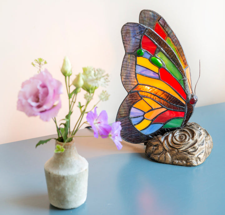 Vintage Butterfly Table Lamp, Stained Glass