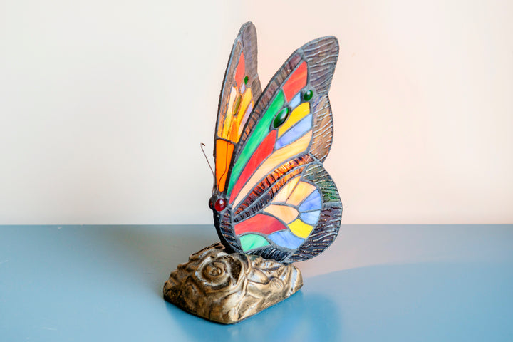 Vintage Butterfly Table Lamp, Stained Glass