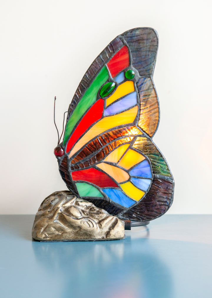 Vintage Butterfly Table Lamp, Stained Glass