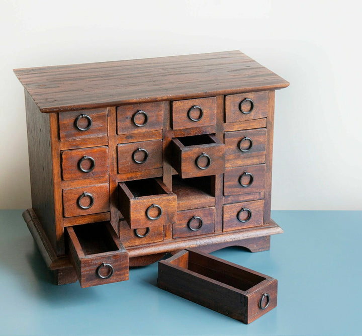 Antique Wooden Pharmacy Chest With 16 Small Drawers