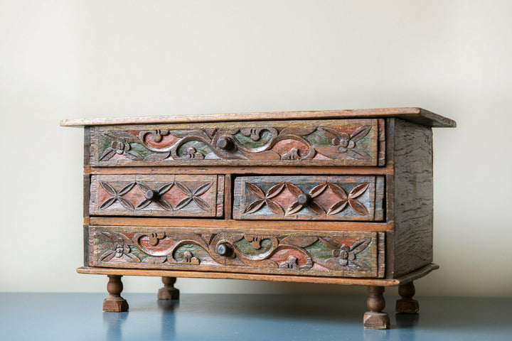 Antique Hand Carved Cabinet With Drawers, Indonesian Folk Art