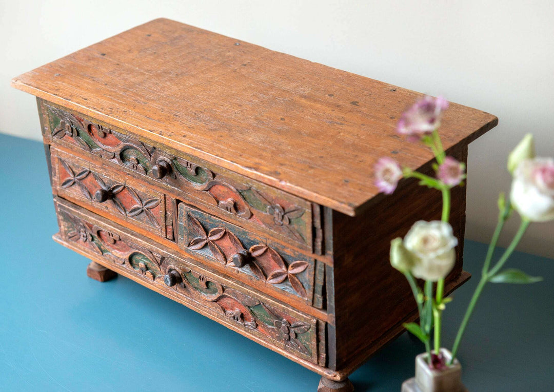 Antique Hand Carved Cabinet With Drawers, Indonesian Folk Art