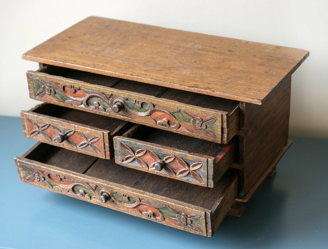 Antique Hand Carved Cabinet With Drawers, Indonesian Folk Art