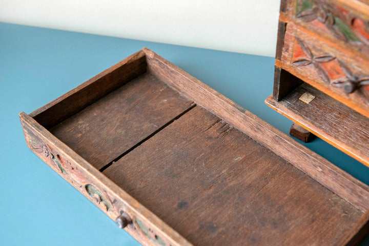 Antique Hand Carved Cabinet With Drawers, Indonesian Folk Art