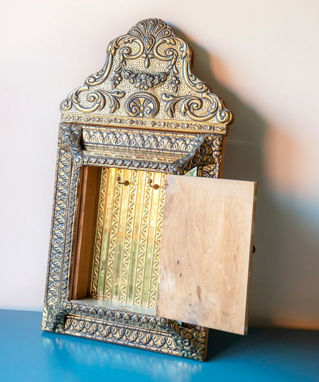 Antique Copper Cabinet With Beveled Glass Mirror