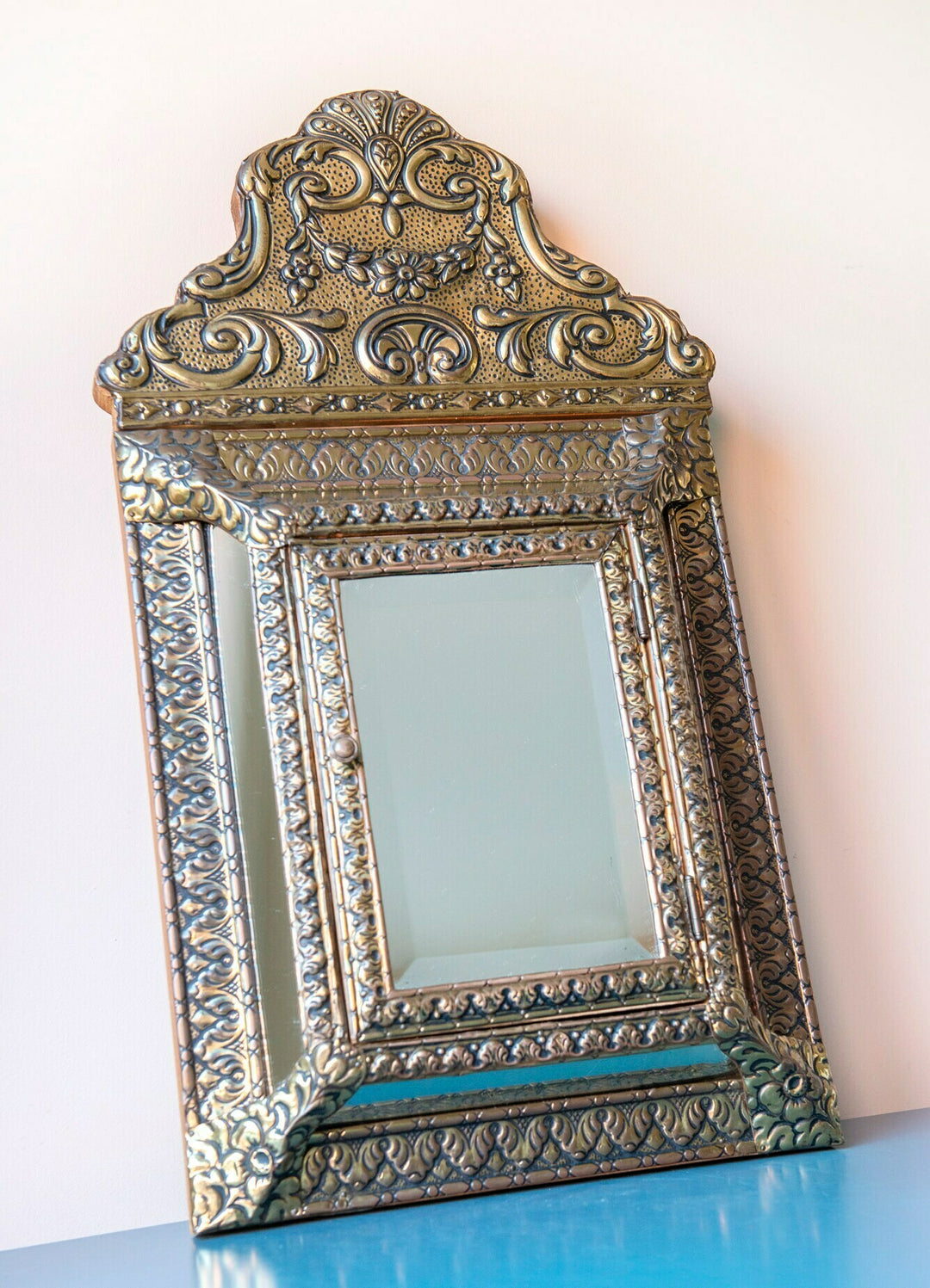 Antique Copper Cabinet With Beveled Glass Mirror